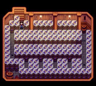 Cask Layout Stardew, Wine Cellar Stardew Valley, Stardew Valley Wine Guide, Ancient Fruit Stardew Valley, Stardew Wine Shed, Stardew Wine Cellar, Cellar Stardew Valley, Stardew Valley Fruit Bat Cave, Stardew Valley Wine