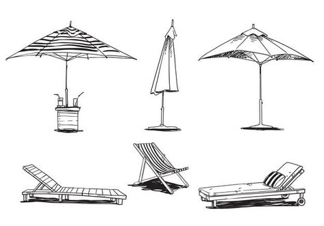 Lawn Chair Drawing, Deck Chair Illustration, Beach Umbrella Tattoo, Beach Chair Drawing, Beach Umbrella Illustration, Beach Umbrella Drawing, Beach Chair Illustration, Trees Drawing Tutorial, Umbrella Tattoo