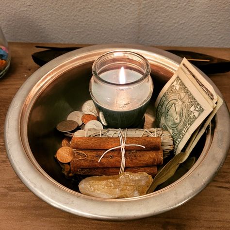 Money Bowl Feng Shui, Feng Shui Money Bowl, Money Oil Recipe, Magical Herbs Witchcraft, Money Bowl, Money Candle Spell, Wiccan Books, Hoodoo Magic, Eye Crystals