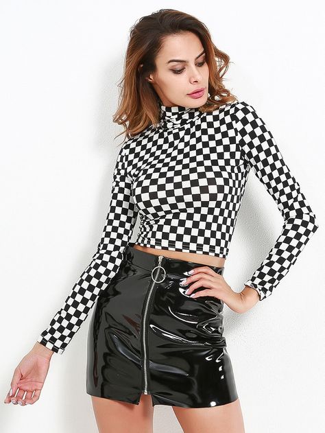 Shop Checkered Crop Knit Tee online. SheIn offers Checkered Crop Knit Tee & more to fit your fashionable needs. E Girl Outfits, Cropped White Tee, Autumn T Shirts, Wear Crop Top, High Neck Long Sleeve, Women Sleeve, Knit Tees, Knitted Tshirt, Shirt Women