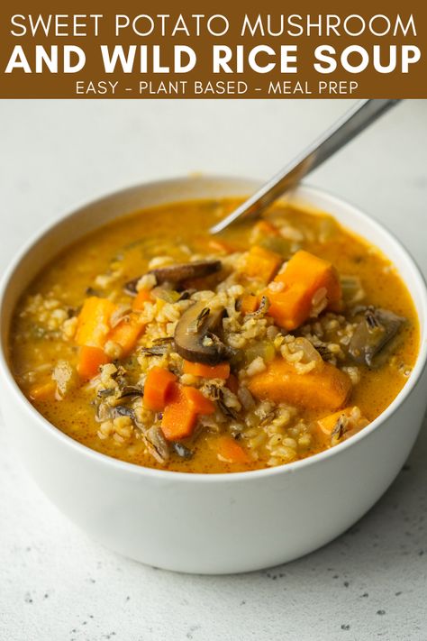 Use this Sweet Potato Mushroom and Wild Rice Soup recipe to make a comforting vegan fall soup. This sweet potato soup is creamy and hearty without any dairy. Vegan Fall Soup, Wild Rice Soup Easy, Sweet Potato Mushroom, Wild Rice Mushroom Soup, Rice Mushroom Soup, Wild Rice Mushroom, Potato Mushroom, Wild Rice Soup Recipes, Rice Soup Recipes