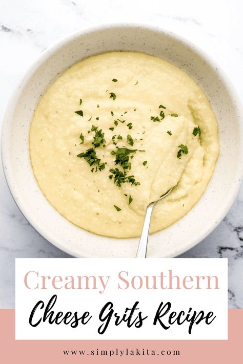 Make this simple Creamy Southern Cheese Grits Recipe with Heavy Cream! These grits are rich, cheesy, and incredibly delicious. Use chicken broth instead of water to add more flavor creating the ultimate main dish or side dish. simplylakita.com #cheesegrits Cheese Grits Recipe Crockpot, Creamy Cheesy Grits Recipe, White Grits Recipe, White Cheddar Grits, Goat Cheese Grits, Creamy Grits Heavy Cream, Grits With Heavy Cream, Cheese Grits Recipe Southern Style, Creamy Grits Southern