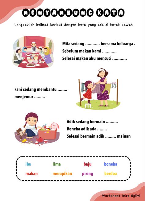 Worksheet bahasa Indonesia menyambung kata dan latihan menulis untuk anak SD Media Pembelajaran, Indonesian Language, Kindergarten Reading Activities, Short Stories For Kids, English Worksheets For Kids, Bahasa Melayu, Science Projects For Kids, Smart Parenting, Kids Activity Books