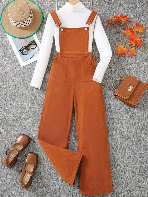 Adjustable Brown Corduroy Casual Bib Pants, Versatile Long Trousers For Teen Girls Rust Brown   Short Sleeve Corduroy Plain Overall Non-Stretch  Teen Girls Clothing, size features are:Bust: ,Length: ,Sleeve Length: Brown Shorts, Long Trousers, Teen Girls, Girls Clothing, Length Sleeve, Overalls, Jumpsuit, Trousers