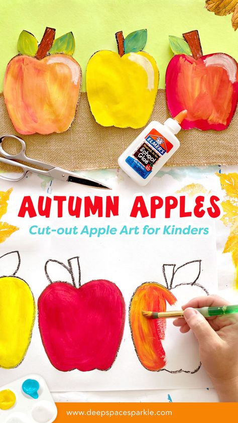 Autum Apples Art Project for Kinders for the fall season with free Back to School guide download Apple Art Lessons Elementary, Apple Art Elementary, Fall Painting For Kindergarten, 1st Grade September Art Projects, Elementary Apple Art Projects, Kindergarten September Art, Fall Apple Crafts For Kids, Homeschool Art Projects Kindergarten, September Art Activities