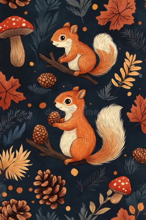 Autumn woodland doodles, charming doodle design featuring adorable squirrels, mushrooms, and pine cones, ideal for stock image Squirrel Cute Art, Woodland Doodles, Squirrel Character, Winter Squirrel, Squirrel Cute, Woodland Room, Squirrel Illustration, Squirrel Art, Doodle Design