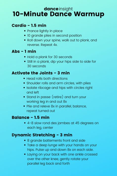 Use this quick-but-thorough dance warmup whenever you're short on time! More variations in the linked post! #dancewarmup #danceaudition Dance Terms, Dance Teacher Tools, Ballerina Workout, Dance Warm Up, Dance Audition, Dance Workout Routine, Dance Motivation, Dance Stretches, Dance Comp