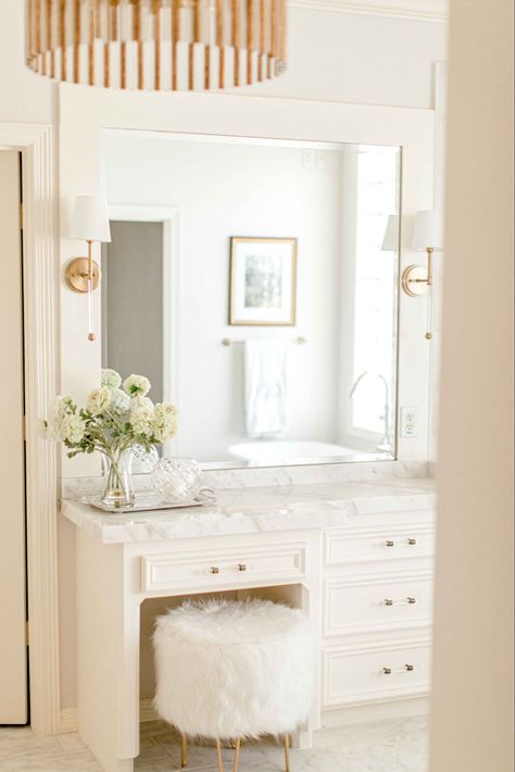 Large Bathroom Mirror With Sconces, Bathroom Mirror With Sconces On Mirror, Visual Comfort Bathroom Sconces, Single Light Over Bathroom Mirror, Primary Bathroom Lighting, Sconces On Mirror In Bathroom, Pendant Lights Bathroom Vanity, Vanity With Sconces, Bathroom Sconces Single Vanity