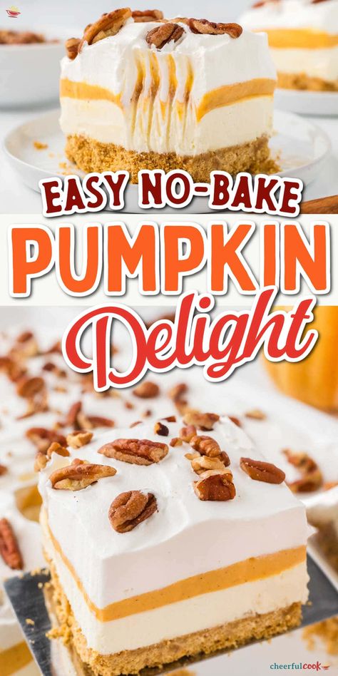 Whip up this Pumpkin Delight Dessert recipe for your next fall gathering! With layers of graham cracker crust, pumpkin and cream cheese filling, and whipped topping, it’s a perfect Pumpkin Dessert For A Crowd. Ideal for Thanksgiving or any fall party! #cheerfulcook #PumpkinLasagnaDessert #PumpkinSpiceDesserts #nobakedessert #EasyPumpkinLushDessert ♡ cheerfulcook.com Pumpkin Graham Cracker Dessert, Pumpkin Delight Dessert Recipe, Pumpkin Delight Dessert, Delight Dessert Recipe, Pumpkin Lasagna Dessert, Pumpkin And Cream Cheese, Graham Cracker Dessert, Pumpkin Spice Desserts, Dessert For A Crowd