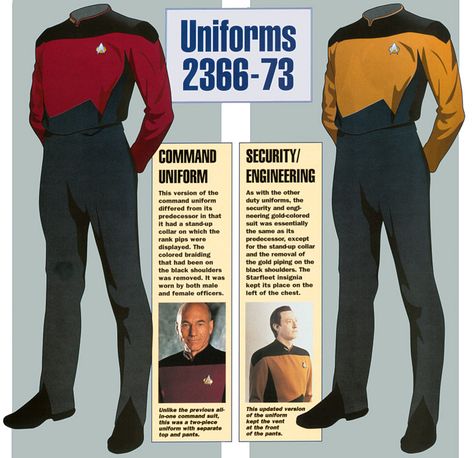 Star Trek Next Generation uniforms season 2 - full article at http://www.ex-astris-scientia.org/inconsistencies/uniforms1.htm Star Trek Outfits, Star Trek Rpg, Star Trek Next Generation, Star Trek Data, Star Trek Costume, Security Uniforms, Star Trek Uniforms, Star Treck, Star Trek Images