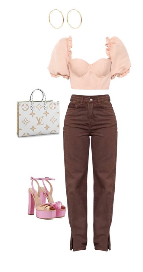 Pink Top Brown Pants, Brown Pants Pink Top Outfit, Light Pink And Brown Outfit, Light Pink Heels Outfit, Pink And Brown Outfit, Pink Heels Outfit, Lv Tote Bag, Pink Top Outfit, Light Pink Heels