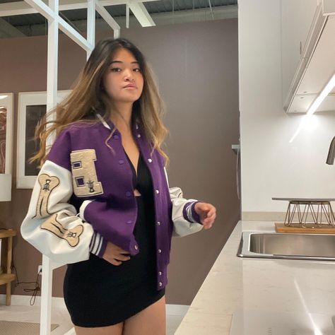 Varsity Jacket Dress, Dress And Varsity Jacket Outfit, Dress With Varsity Jacket, Dress And Varsity Jacket, Varsity Jacket With Dress, Purple Varsity Jacket Outfit, Varsity Jacket Outfit Aesthetic, Varsity Jacket Outfit Women, Varsity Dress