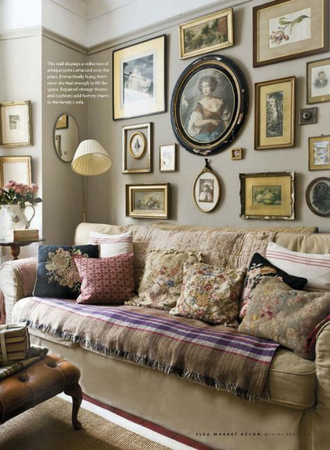 vintage print display | Image from Flea Market Decor mag Winter 2013. English Living Room Decor, Modern English Country Decor, Lavender House, Picture Walls, Country Interior Design, Magazine Shoot, English Home, Family Story, English Country Decor