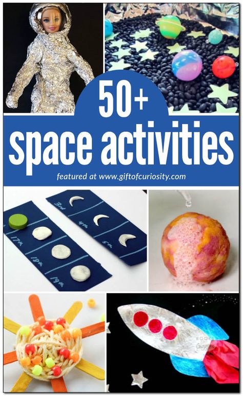 50+ awesome space activities for kids to learn about the planets, the sun, the moon, stars, constellations, astronauts, space travel and more! || Gift of Curiosity Solar System Activities, Space Activities For Kids, Space Preschool, Solar System Projects, Daily Five, Kid Science, Outer Space Theme, Space Activities, Kids Imagination