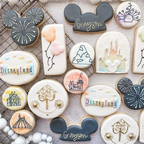 Erin Atkinson (@biggestlittleconfectionery) • Instagram photos and videos Vintage Disney Cookies, Disney World Cookies, Disney Themed Cookies, Disney Birthday Cookies, Disney Cookies Decorated, Disney Sugar Cookies, Disneyland Cookies, Mickey Cookies, Disney Birthday Party Ideas