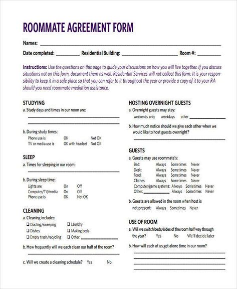 Roommate Agreement Form Check more at https://nationalgriefawarenessday.com/17379/roommate-agreement-form Roommate Contract, Roommate Agreement, Contract Law, College Roommate, Contract Template, Overnight Guests, Find A Job, Free Sample, Free Resume