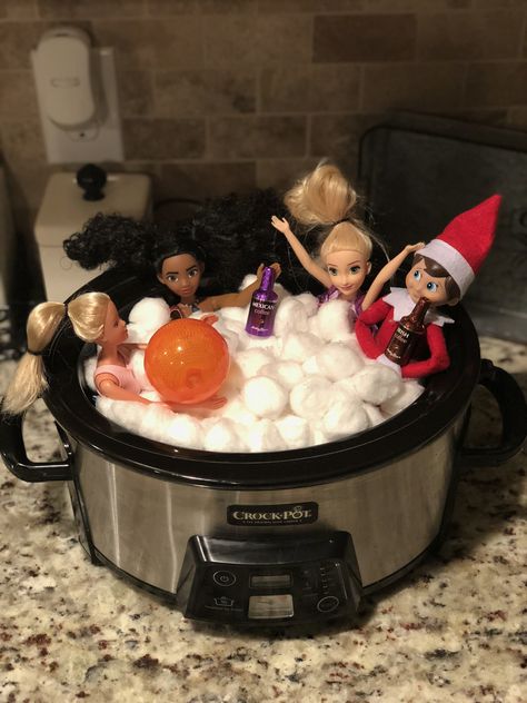 Elf on the shelf hot tub party Hot Tub Elf On The Shelf, Elf On The Shelf Ideas Coming Home, Tik Tok Elf On The Shelf, Elf On The Shelf Christmas Caroling Ideas, Barbie Elf On A Shelf, Elf On The Shelf Hot Tub, Wicked Elf On The Shelf, Elf Bathtub, Elf Hot Tub