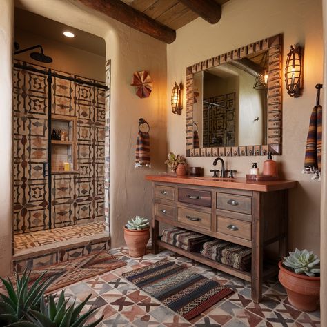 Southwestern-Style House 💖💖💖 Mexican Inspired Restroom, Santa Fe Style Bathroom Ideas, Navajo Decor Southwest Style, Southwestern Style Bathroom, New Mexico Home Interior, Modern Mexican Bathroom, Adobe House Decor, Santa Fe Style Kitchen, Adobe House Interior