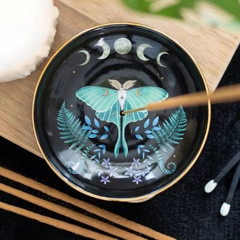 Back in stock 😍 the most beautiful trinket dishes 🤩 Choose from Luna moth, Forest Mushroom or Busy Bee 🐝 #trinketdish #incense #incenseburner Moth Ceramic, Moon Phases Design, Gothic Homeware, Large Moth, Woodland Home Decor, Lunar Moth, Sage Candle, Ceramic Incense Holder, Ceramic Incense