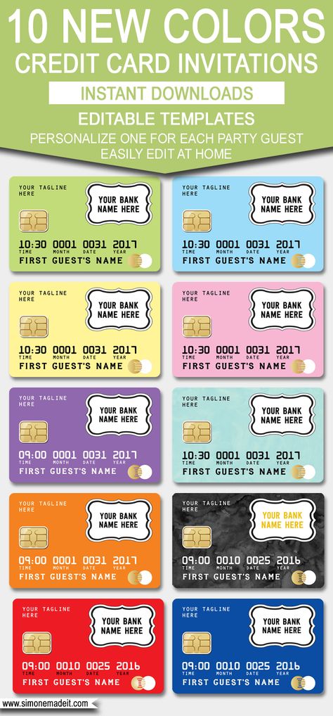 New colors - Credit Card Invitation Template | Mall Scavenger Hunt Party Invitations | Shopping Party Theme | Editable & Printable DIY Templates | $7.50 INSTANT DOWNLOAD via simonemadeit.com Credit Card Invitation, Kids Credit Card, Credit Card Template, Mall Scavenger Hunt, Scavenger Hunt Party, Small Business Credit Cards, Fun Invitations, Business Credit Cards, Card Invitation