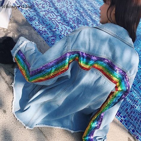 Cute Pride Parade Outfits, Pride Jacket, Holographic Aesthetic, Kidcore Clothing, Rainbow Jacket, Pride Parade Outfit, Jean Jacket Diy, Oversize Denim Jacket, Ribbon Shirts