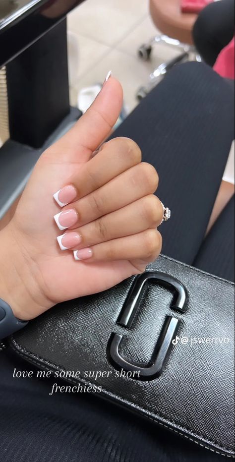 Short Nails For Work Simple, Box French Tip Acrylic Nails, Short Acrylic Nails Square Dip Powder, One Inch Nails, Full Set Nails Acrylic French Tips, White French Tip Acrylic Nails With Heart, Small French Acrylic Nails, Back To School Nails Acrylic Short French Tip, Mini Nails French