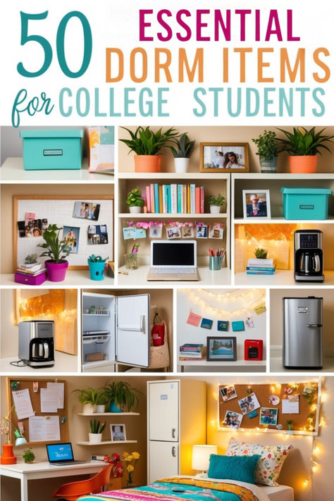 50 Dorm Room Essentials Dorm Setup, College Dorm Necessities, Get Ready For College, University Bedroom, Shark Printables, Ready For College, Dorm Necessities, University Dorms, College Essentials