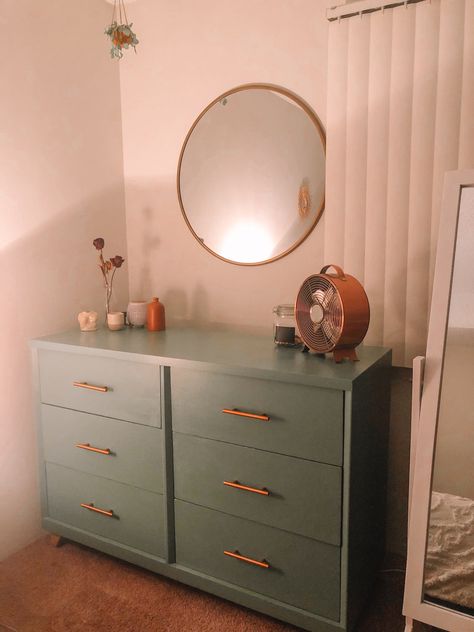 Copper Accents Bedroom, Green And Copper Bedroom, Room Dresser Decor Ideas, Green Dresser Bedroom, Sage Green Dresser, Green Dresser Makeover, Chest Of Drawers Styling, Dresser Aesthetic, Copper Bedroom