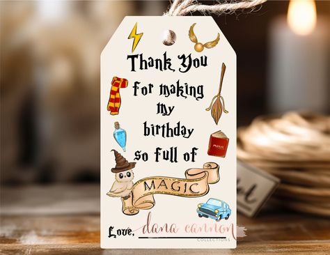 "Printable DIY Wizard themed gift tags for birthday party favors, school birthday parties, for goodie bags, etc. Room at the bottom for you to write the names of each guest. THIS IS AN INSTANT DOWNLOAD PRINTABLE DIGITAL FILE. This product is NOT editable. This is a digital item & no physical item is shipped. Please read full listing description & contact us with any questions before purchasing. Tags are designed for 10 tags per sheet. Each tag measures 2\"W x 3.5\"L.  For best results, print on Harry Potter Teacher Appreciation, Harry Potter Party Bags, Harry Potter Thank You, Harry Potter Goodie Bags, Wizard Birthday Party Ideas, Harry Potter Gift Bags, Harry Potter Birthday Goodie Bag, Harry Potter Party Favors Goodie Bags, Harry Potter Birthday Favors