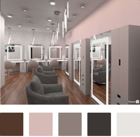 This project is all about lightful and feminine aesthetic.  For this hair salon, our user chose a powder pink accent wall with grey and brown furniture, for a cozy and peaceful space.  How would you decorate your own work space? Pink And Grey Salon Decor, Grey Hair Salon Decor, Hair Salon Color Scheme, Hair Salon Wall Colors, Pink And Grey Salon, Grey And Brown Furniture, Salon Color Schemes, Small Salon Designs, Salon Colors