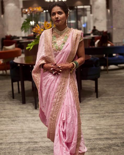 Maharashtrian nauvari kashibai look for engagement or wedding cerwmony Kashibai Look, Maharashtrian Engagement Look, Western Saree, Indo Western Saree, Baby Pink Wedding, Engagement Look, Nauvari Saree, Bride Attire, Simple Saree Designs