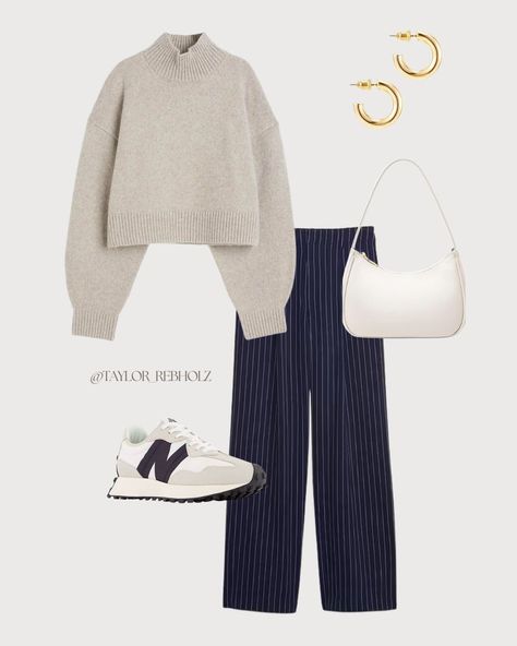 Tan Pinstripe Pants Outfit, Stripped Pants Outfit Fall, Grey Pinstripe Pants Outfit Women, Navy Pinstripe Trousers Outfit, Pinstriped Trousers Outfit, Taupe Trousers Outfit, Fall White Pants Outfit, Navy Pinstripe Pants Outfit, Navy Striped Sweater Outfit