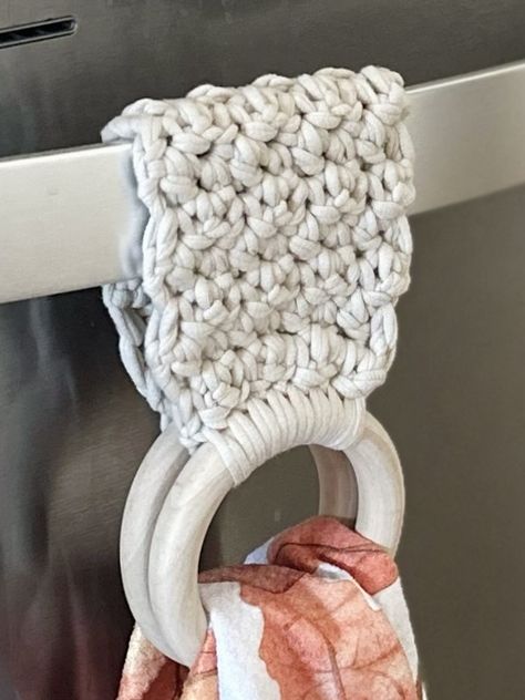 Crochet Towel Holders Pattern - 3 Ways | Simply Made by Erin Crochet Kitchen Towel Holder Ring, Crochet Paper Towel Holder, Crochet Wooden Ring Towel Holder, Crocheted Towel Holders Free Pattern, Crochet Towel Hanger, Crochet Towel Rings, Crochet Towel Hanger Free Pattern, Towel Holder Crochet Pattern Free, Crochet Towel Holder With Wooden Ring