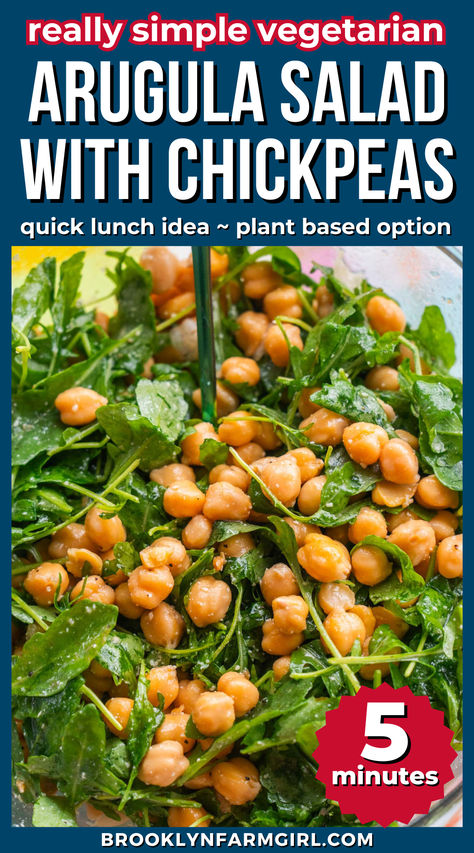 closeup of arugula salad with chickpeas and light dressing High Fiber Lunch, Fiber Salad, High Fibre Lunches, Simple Arugula Salad, Lemon Olive Oil Dressing, Vegetarian High Protein, High Fiber Vegetables, Holiday Potluck, Salad With Chickpeas