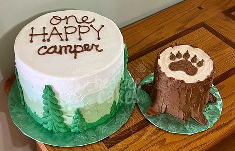 Camp First Birthday Cake, Camp Theme 1st Birthday, Wilderness Smash Cake, 1st Birthday One Happy Camper, Camp Smash Cake, One Happy Camper First Birthday Smash Cake, One Happy Camper Sheet Cake, One Happy Camper First Birthday Photos, One Happy Camper First Birthday Cake Smash