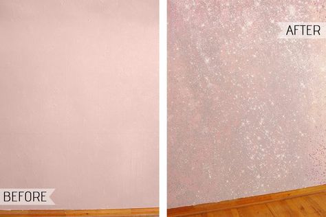 Adding glitter to your wall is such an easy way to jazz a space up and its totally customizable! All you need is glitter in any color and Mod Podge. Glitter Accent Wall, Glitter Bedroom, Glitter Room, Glitter Paint For Walls, Bedroom Makeover Ideas, Wallpaper Glitter, Salon Suites, Glitter Wall, Glitter Decor