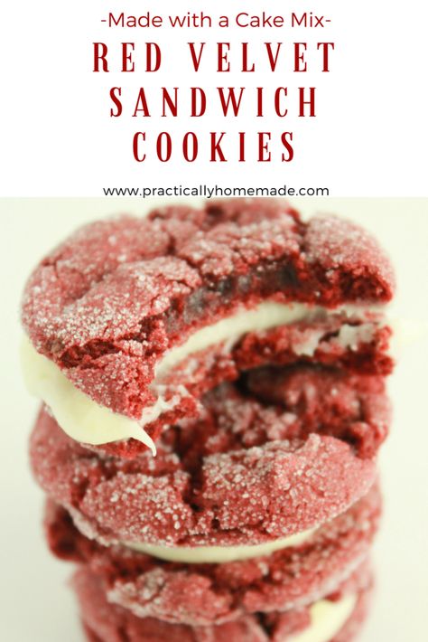 red velvet sandwich cookies | red velvet sandwich cookies cake mix | red velvet sandwich cookie recipes | red velvet cake mix cookies | red velvet cake mix recipes | red velvet cake mix ideas | red velvet cake mix desserts Red Velvet Cake Mix Recipes, Cake Mix Recipes Homemade, Sweets Board, Red Velvet Cake Mix Cookies, Red Velvet Sandwich Cookies, Red Velvet Cookie Recipe, Practically Homemade, Red Velvet Desserts, Cookie Sandwich Recipes