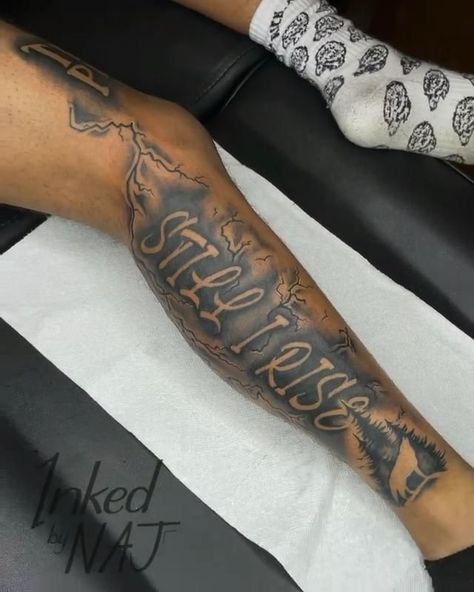 Black Leg Tattoo Men, Forearm Word Tattoos Men, Basketball Leg Tattoos, Leg Tattoo Black Men, Fear None Tattoo Men, Leg Tats For Guys, Black Men Leg Tattoos, Leg Tattoo Men Ideas, Calf Sleeve Tattoo Men