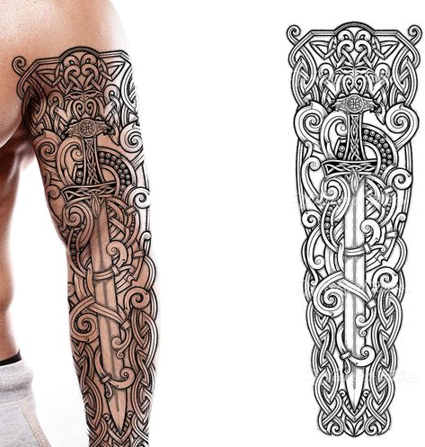 temporary tattoo sword viking games of thrones full arm sleeve london untied kingdom uk Celtic Sleeve Tattoos, Celtic Tattoos For Men, Black Viking, Celtic Medieval, Viking Tattoo Sleeve, Arm Temporary Tattoos, Full Arm Tattoos, Men Art, Warrior Tattoos