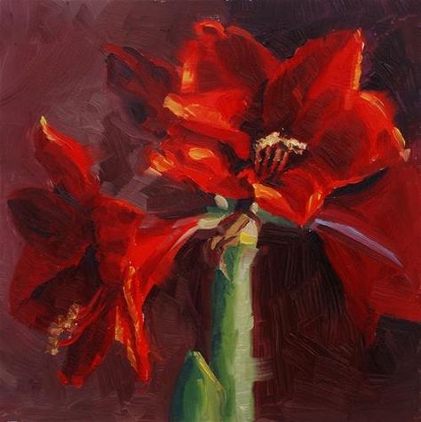 Amaryllis Painting, Fern Art, Amaryllis Flowers, Winter Painting, Fruit Painting, Flower Care, Daily Painting, Daily Paintworks, Christmas Paintings