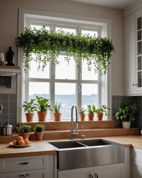 #maximalistdecor #interiordesign #homedecor #decorideas #transformyourspace #colorfulhome #bohemianstyle #eclecticdecor #designinspiration #boredpanda Kitchen Ideas Windows Over Sink, Peekaboo Window In Kitchen, Window With Hanging Plants, Plants By Window Indoor, Bathroom Window Plant Shelf, Indoor Window Garden Ideas, Plant Shelf Across Window, Kitchen Sink Window Plants, Plants Kitchen Decor