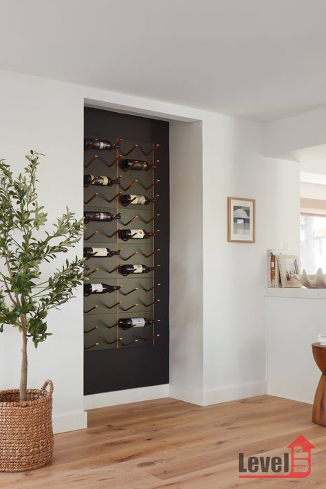 Kitchen Niches Built Ins, In Wall Wine Storage, Wall Niche Wine Rack, Recessed Wall Wine Rack, Wine Niche Built Ins, Small Wine Wall Display, Wall Wine Storage Ideas, Wine Bottle Display Wall, Wine Rack Decor