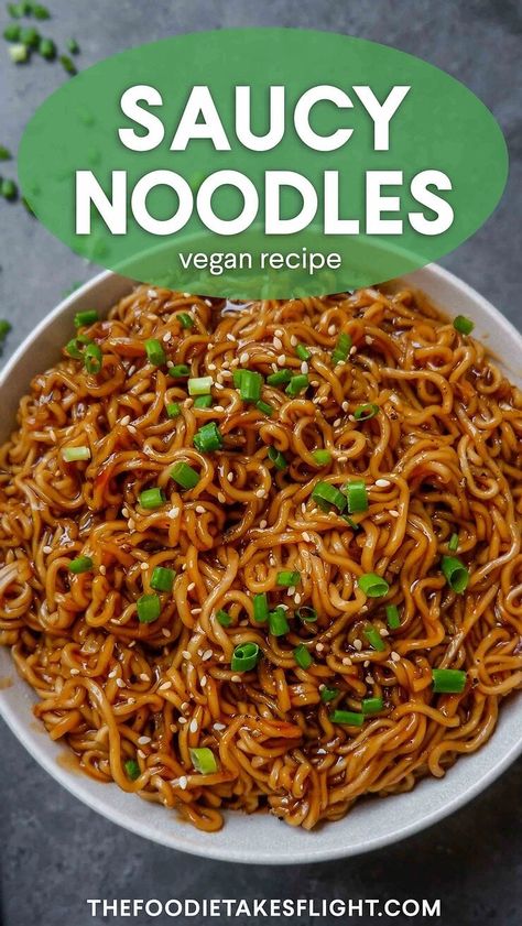 Easy Saucy Ramen Noodles (Vegan Recipe) - The Foodie Takes Flight Saucy Ramen, Ramen Recipes Easy, Easy Ramen, Noodle Recipes Easy, Ramen Noodle Recipes, Ramen Recipes, Ramen Noodle, Noodles Recipe, Vegan Kitchen