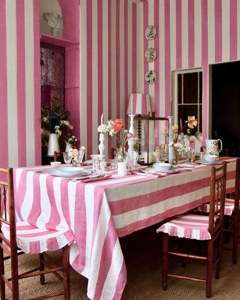 Summerill & Bishop on Instagram: “The colour pink fulfils many promises; as romantic as it is rousing and in equal parts pretty and powerful, the shade is delightful and…” Striped Decor, Striped Tablecloths, Summer Dining, Striped Table, Inspire Me Home Decor, Table Cloths, Candy Stripes, Nautical Decor, Striped Linen