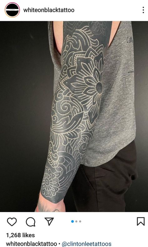 White In Black Tattoo, White Ink Over Blackwork Tattoo, Blackout Tattoo With White Ink, Black Out Sleeve With White Ink, Blackout Arm Tattoo, White On Black Tattoo, Forearm Blackout Tattoo, Black Out Mandala Tattoo, White Over Black Tattoo