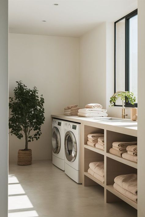 Elevate your home's functionality and style with these sleek, modern laundry room designs. Transform this essential space into an organized area with contemporary decor. Modern Contemporary Laundry Room, Japandi Laundry Room, Japanese Laundry Room, Minimal Laundry Room, Laundry Room Pink, Stacked Laundry Room Ideas, Minimalist Laundry Room, Scandinavian Laundry Room, Laundry Room Storage Solutions