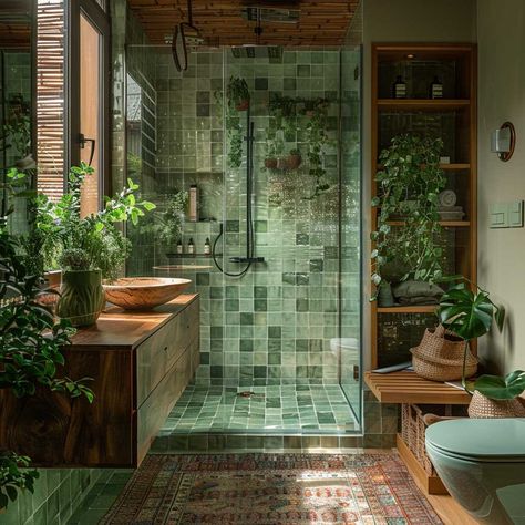 Tropical Bathroom Design, Baie Vintage, Stilt House, Green Tile Bathroom, Inspiring Lifestyle, Plant Store, New Bathroom Ideas, Bathroom Luxury, House Organization