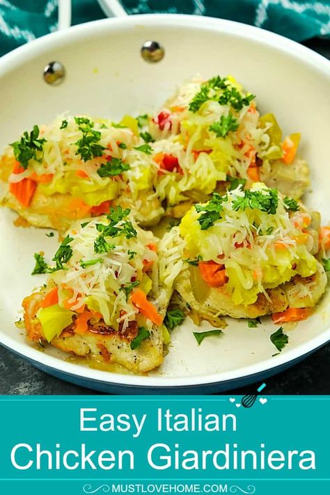 Easy Italian Chicken Giardiniera – Must Love Home Chicken Giardiniera, Easy Italian Chicken, Easy Skillet Chicken, Italian Chicken, Supper Recipes, Easy Italian, Quick Weeknight Dinners, Rib Recipes, Baked Chicken Recipes