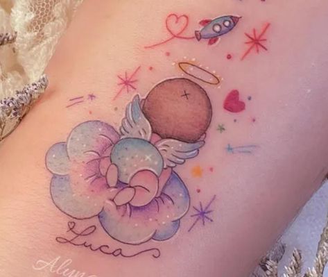 Lost Baby Tattoo, Heart Lock Tattoo, Baby Memorial Tattoos, Brother And Sister Tattoo Ideas, Baby Angel Tattoo, Sister Tattoo Ideas, Wrist Tattoo Cover Up, Heaven Tattoos, Surreal Tattoo