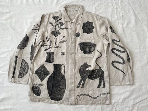 shop — alexis stiteler Printmaking On Fabric, Painted Shirt, Shirt With Embroidery, Wearable Art Clothing, Conversational Prints, 일본 패션, Lino Art, Textile Print, Painted Clothes